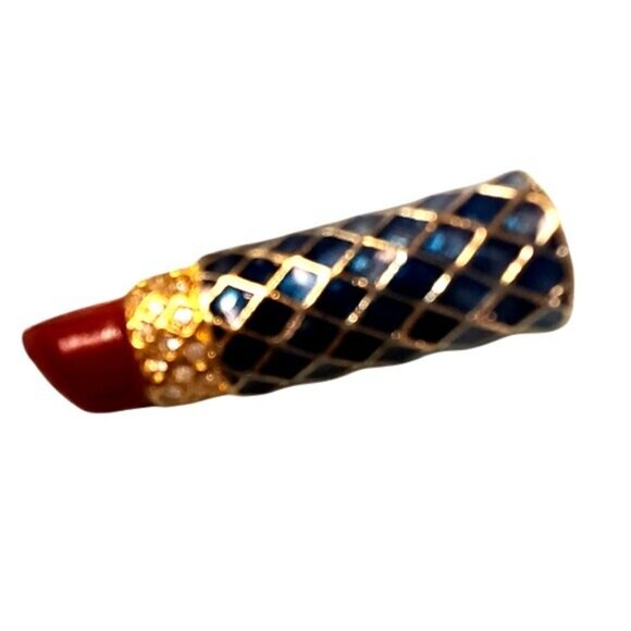 Vintage Gold & Blue Enamel Lipstick Pin Brooch With Red Tip - Picture 3 of 3